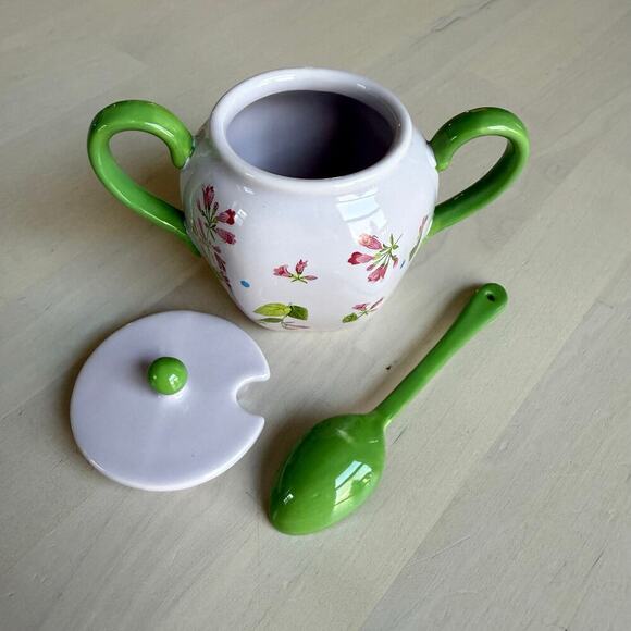 Anthropologie Sugar Bowl Pink Floral Handpainted Stoneware "Pia" Rare New In Box - Picture 10 of 14